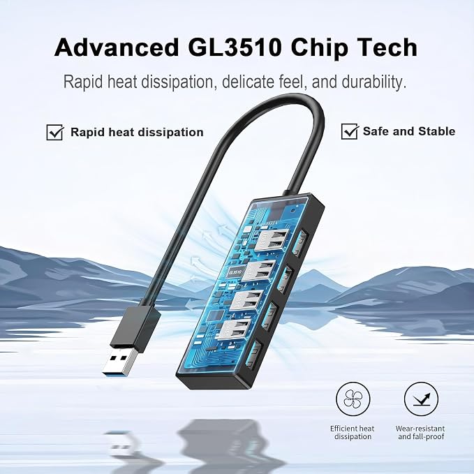 USB 3.0 Hub, 4-Port Multiple USB A Splitter, Plug and Play USB Extender Hub for Laptop/PC/Desktop, Mouse, Keyboard, Flash Drive, U Disk, Printer, Xbox, HDD and More – 0.8FT (Not a Charger)