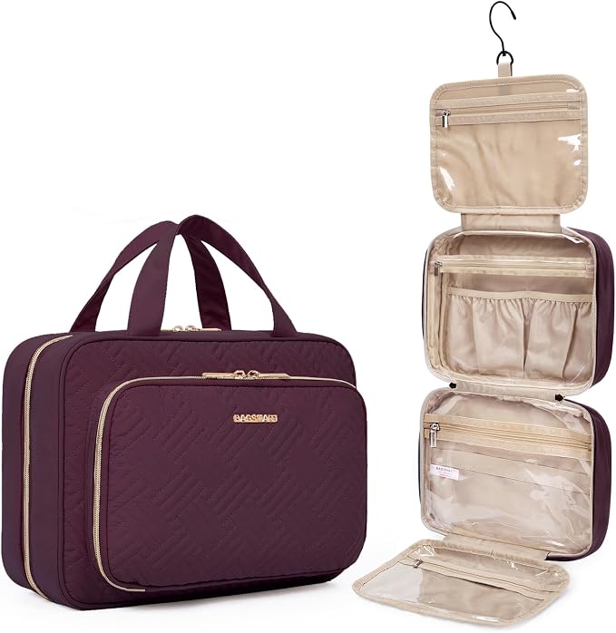 BAGSMART Toiletry Bag Hanging Travel Makeup Organizer with TSA Approved Transparent Cosmetic Bag Makeup Bag for Full Sized Toiletries(Cherry Red)