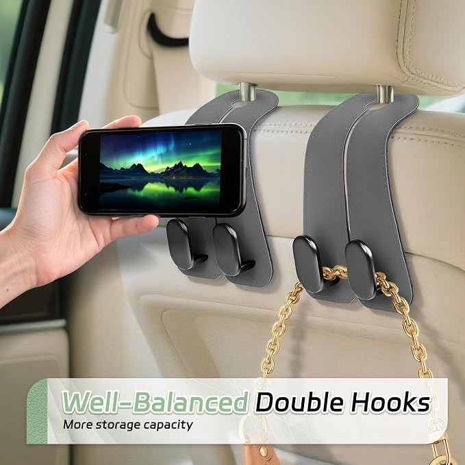 Car Seat Headrest Hooks - 2 Pack Universal Car Purse Hook, Leather Car Bag Purse Holder with Double Metal Hooks for Handbags, Grocery Bags, Bottles, Phones