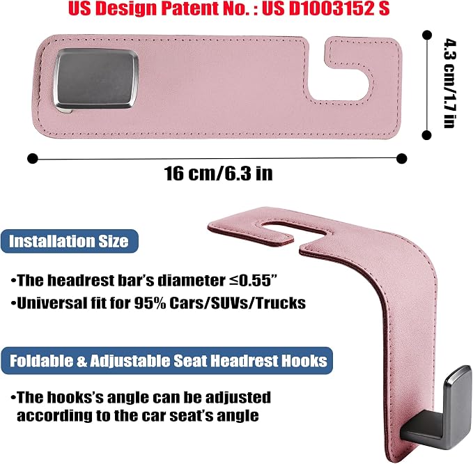 Amooca Car Seat Back Hook Universal Auto Storage Hanger Suede with Metal Car Seat Organizer for Handbag Purse Coat Umbrellas Grocery Bags 2 Pack Pink