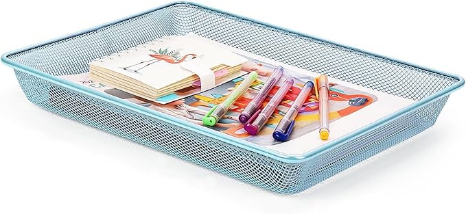 Office Metal Mesh Basket for Desk, Single Paper Tray Organizer, Turn in Trays Classroom, Flat Mail Letter Storage Basket for Office Home Drawers School (1, Blue)