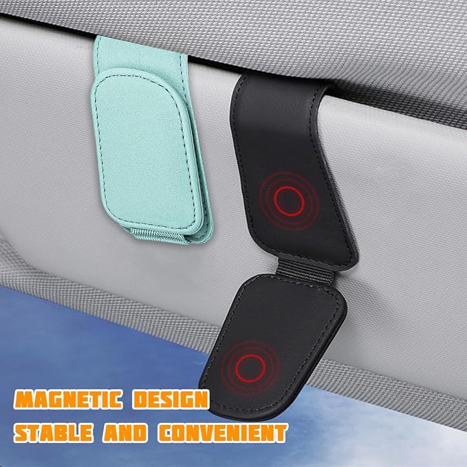 Sunglasses Holder for Car Visor, Microfiber Leather Magnetic Sun Visor Eyeglasses Hanger & Ticket Card Clip, Multi-Function Automotive Interior Glasses Mount, Universal Fit (Sky Blue)