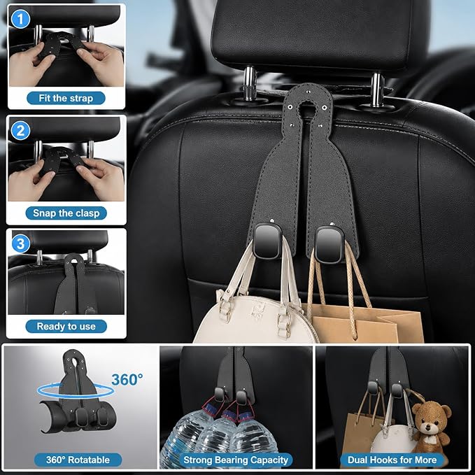 2 Pack Leather Car Seat Back Double Hooks - Heavy Duty Metal Core Headrest Hangers for Purses, Bags & Groceries - Anti-Drop & Scratch-Free Auto Interior Organizer Holder (Black)