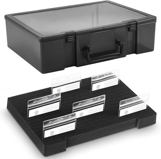Chunful 1 Pc Name Tag Holder with Case, Foam Name Badge Storage Tray Holds 48 Badges ID Badge Tray Organizer for Desk Classroom Office School, 14 x 10.6 x 4 in (Black)