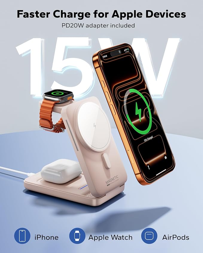 KPON Foldable 3in1 Charging Station for Magsafe, Travel Phone and Watch Charger for Apple Devices, Wireless Charging Dock for iPhone 17 16 15 14 13 12 Series/Apple Watch/Airpods