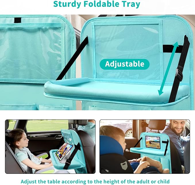 Car Backseat Organizer with Tray, Seat Back Table Holder with 6 Storage Pockets, Car Seat Back Protectors Kick Mats Travel Accessories, 1 Pc Blue