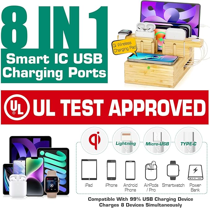 Darfoo Bamboo Phone Charging Station for Multiple Devices - Qi Certified Fast Wireless Charger & 7 USB Ports for All Phones, Tablets, Smart Watches & Earbuds (2 Stands)