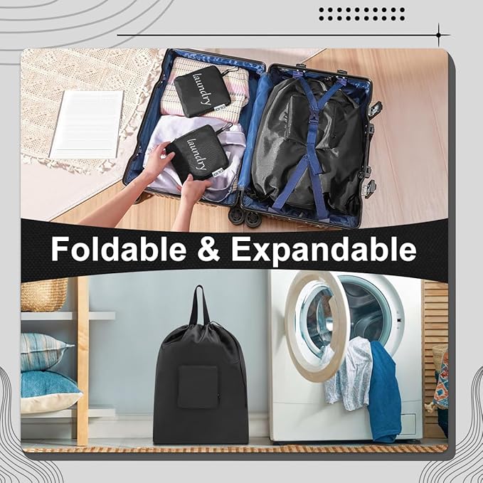 Travel Laundry bags, Dirty Clothes Travel Bag with Handles, Portable Small laundry Sack for Travelling, Suitcase, Gym, Camping (Black | 2 Pack)