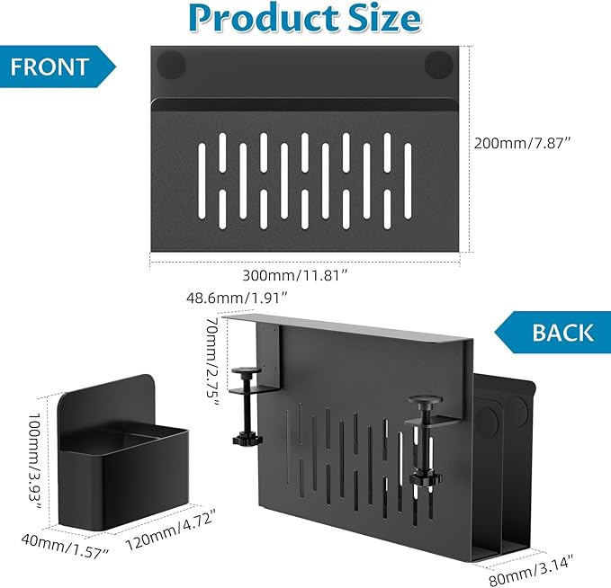 Onemake Desk Side Storage, 2-Tier No Drill Laptop Holder, Clamp on Desks Shelf with Magnetic Pen Holder, Hanging Desk Organizer for Home Office, Fits Flat Edge Tables 0.4" to 2.3"