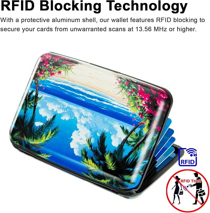 Credit Card Holder for Women Men RFID Blocking Wallet Small Business Metal Slim Mini Aluminum Hard Case (Tropical Beach Palm Trees)