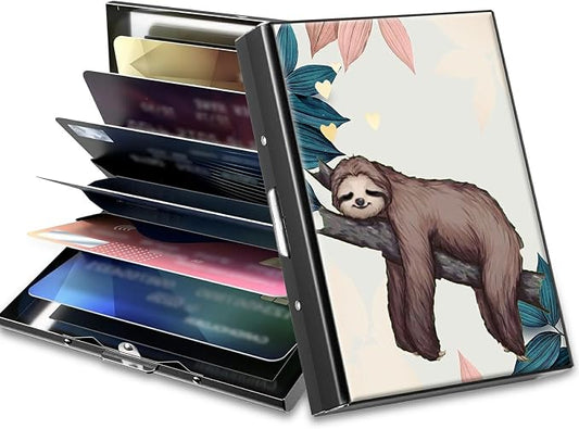 Slim Credit Card Holder, Sloth RFID Blocking Metal Wallet for Men & Women, Aluminum Minimalist Hard Case Pocket-Sized Business Cards Organizer (Fits Up to 10 Cards)