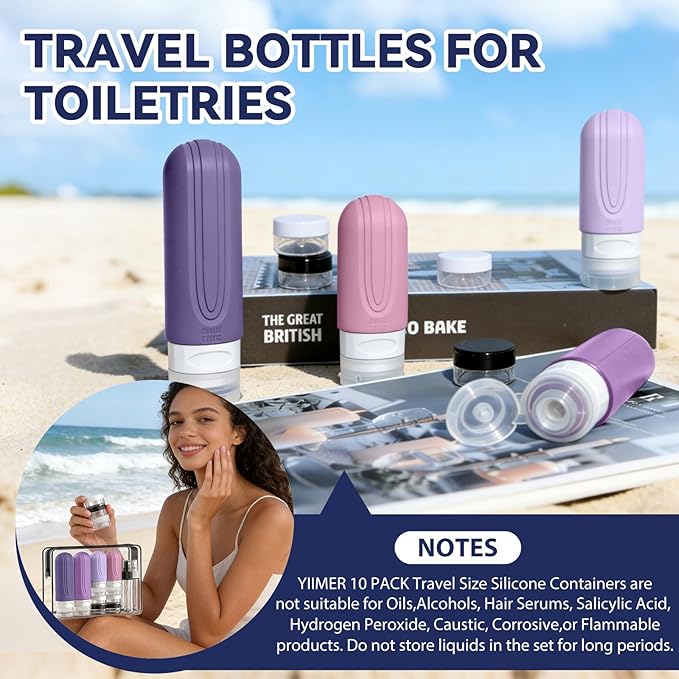 Travel Bottles for Toiletries 10 Pack, TSA Approved Travel Size Toiletries Essentials Containers Set, Leak Proof Silicone Bottles Kit, Refillable Liquid & Creams Accessories (PURPLE)