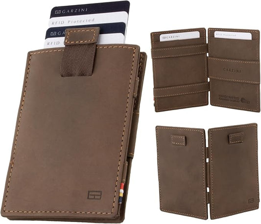 GARZINI Magic Wallet with Pull-Tab, Minimalist Wallet with RFID card holder, Leather Wallet for 12 cards, Java Brown
