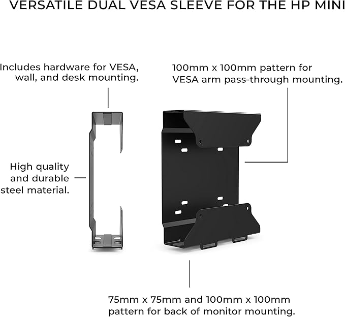 HumanCentric VESA Mount Bracket for HP Desktop Mini, ProDesk and EliteDesk - Under Desk, Wall and Arm Mounting Kit with Power Adapter Holder
