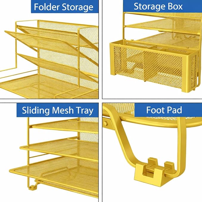 Simple Trending 7 Tier Desk File Organizer, Letter Tray Paper Organizer with Pen Holder and Metal Hanging Basket, Gold