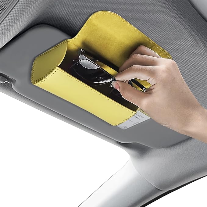 Sunglasses Holder for Car Sun Visor, Leather Auto Eyeglasses Storage Case with Hidden Magnetic Closure, Universal Protective Glasses Organizer Box, Visor Accessories for Woman Man (Yellow)