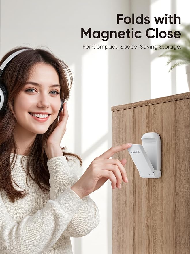 MAMUVIMO Headphone Stand, Headset Stand Foldable ＆ Sticky, Headphone Holder Hook Mount with Non-Slip Silicone, Adhesive Earphone Desk Hanger Clip Space-Saving for Airpods Max, All Earphones-White