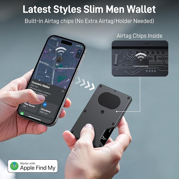Wallet for Men, Slim Minimalist Wallet Card Holder with Location Tracking, Build in Airtag Chip Compatible with Apple Find My, RFID-Blocking Smart Air Wallet with Money Clip (Black Carbon Fiber)