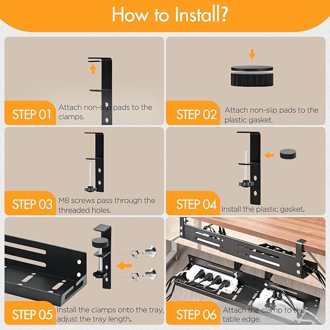 No Drill Under Desk Cable Management Tray, 17”-30” Retractable Cord Organizer for Table, Clamp Mount Wire Basket, Power Strip Holder & Metal Cord Organizer for Office, Home