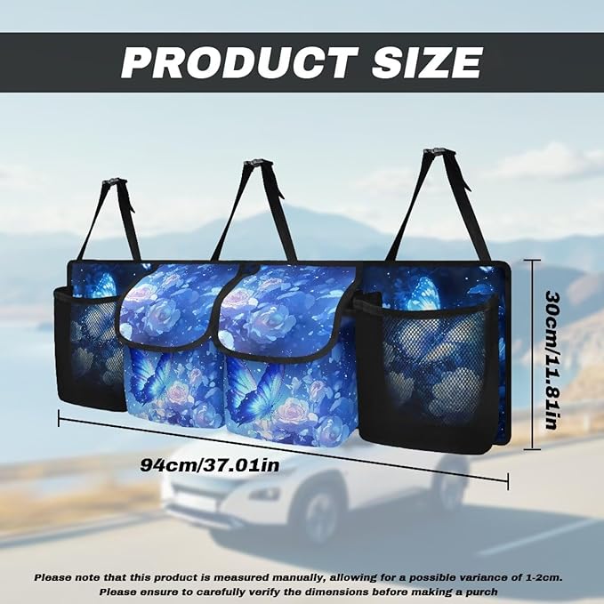 Blue Butterfly Roses Car Backseat Hanging Trunk Organizer for SUV Car Storage Bag with 4 Pockets Multipurpose Adjustable Car Organizer Bag Auto Interior Accessories