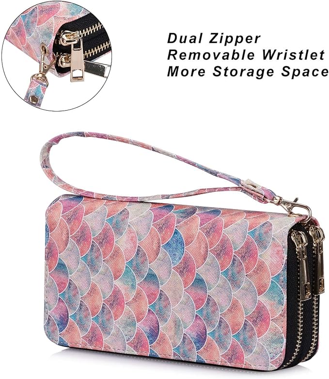 Cellphone Wallet for Women Dual Zipper Long Purse with Removable Wristlet