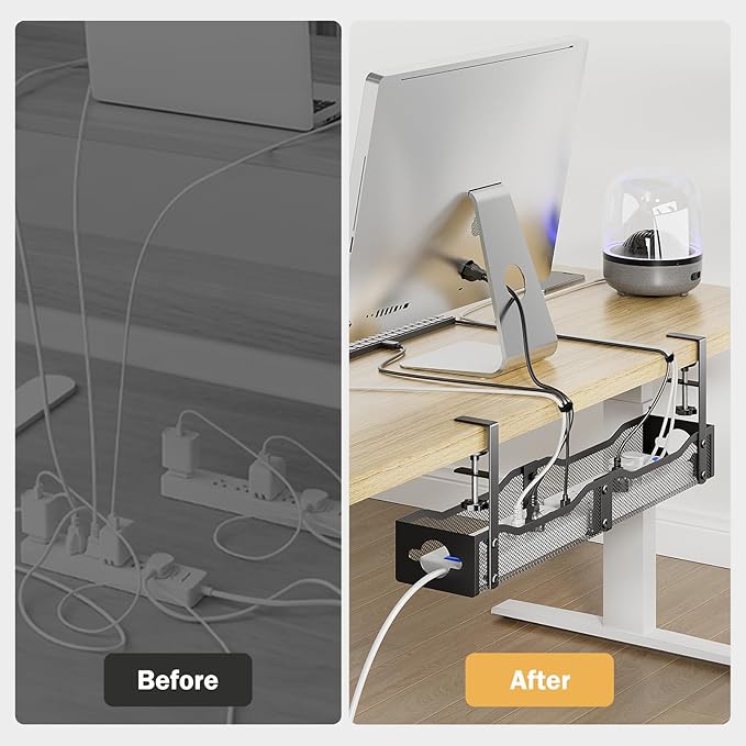 DELAMU 25'' Upgraded Under Desk Cable Management, No Dill Standing Desk Cord Management with Adjustable F-Clamp, Metal Desk Cable Organizer to Under Desk Organizer for Home Office, Black