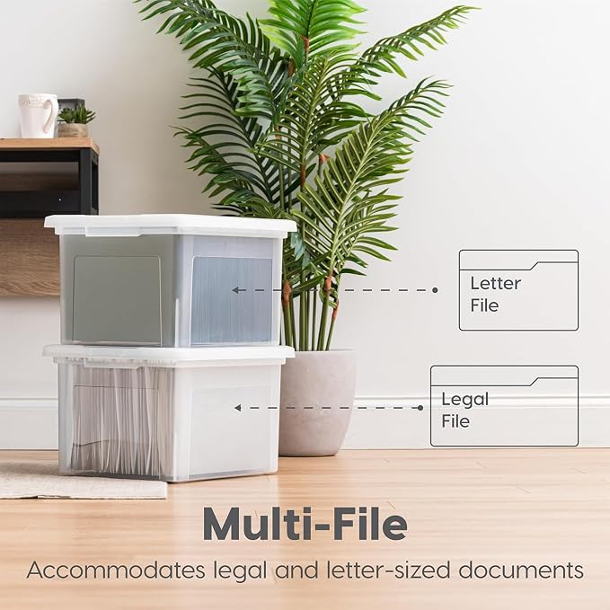 IRIS USA File Box, Plastic File Organizer with Lids for Letter/Legal File, Portable Document Box For Moving, Storage Bin with Durable and Secure Lid, Stackable Nestable BPA-Free, Pearl 35 Qt. 8 Pack