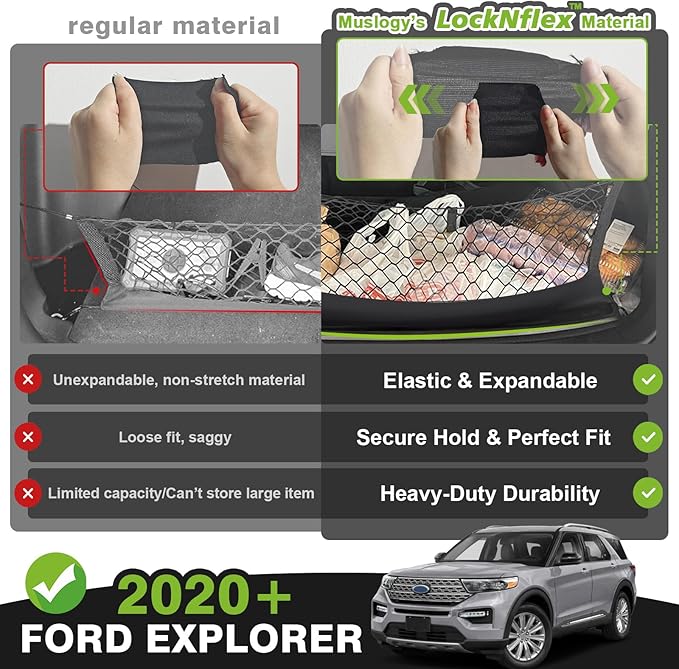 Muslogy Truck Bed Cargo Net Trunk Netting Compatible with 2020-2024 2025 2026 Ford Explorer Accessories, Pickup Cargo Organizer SUV Sedan Storage Net w/Heavy Duty Carabiners