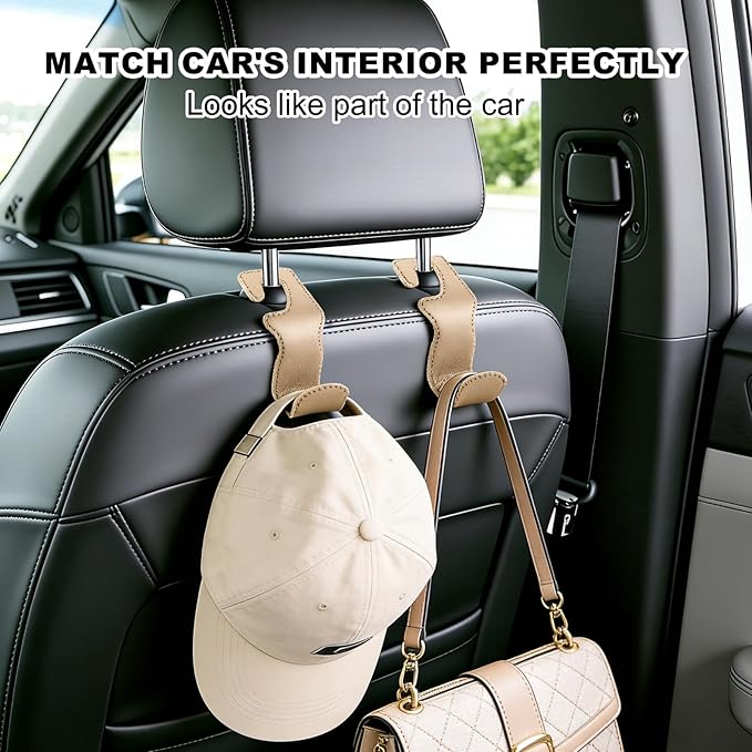 EldHus Car Seat Hooks for Purses and Bags, 4 Pack Car Purse Holder for Grocery Bag Handbag Clothes, Metal Headrest Hooks Covered by Leather, Beige