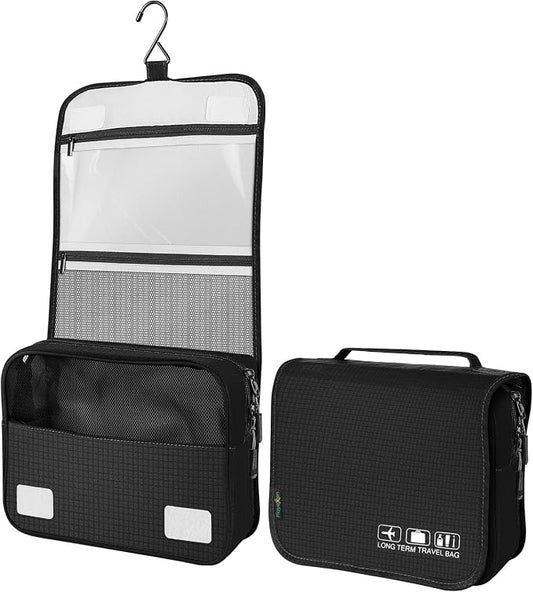 Hanging Travel Toiletry Bag, Portable Travel Cosmetic Organizer Bag for Women Men, Waterproof Toiletries Wash Bag with 4 Compartments & Hanging Hook (Black)
