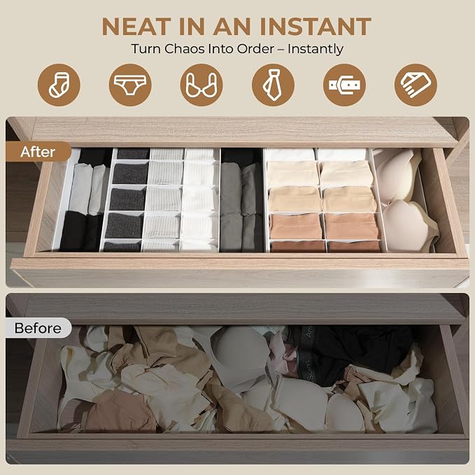 Adjustable Drawer Organizer – 19-Grid Divider for Socks, Bras & Panties, Closet Storage Box for Underwear & Dresser Drawers (15+4)