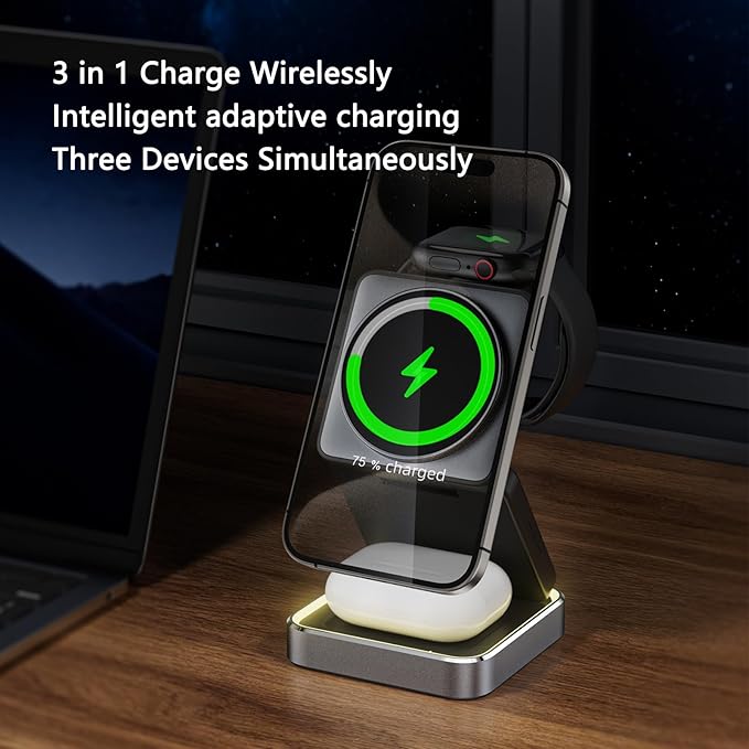 3 in 1 Wireless Charger for iPhone 17 16 15 14 13 12 11 Pro Max Foldable Wireless Charging Station with Night Light for MagSafe Travel Magnetic Charger Stand Fast Charging for AirPods Apple Watch B