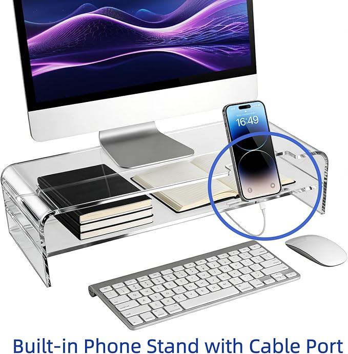 Larger Acrylic Monitor Stand - 20 inch 2 Tier Riser for iMac, PC, Desktop, Laptop, TV with Storage Shelf, Home Office Desk Organizer (20in with phone holder)