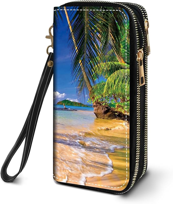 Women's Large Capacity Wallet PU Leather Double Zipper Clutch Purse Multifunctional Wallet with Removable Wristlet Strap for Smart Phone/Coin/Card/Cash, Shore Palms Tropical Beach
