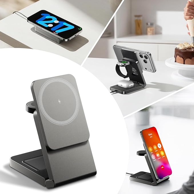 3 in 1 Wireless Charger Station for Multiple Devices, Foldable Magnetic Charging Stand, Portable Fast Travel Wireless Charger for iPhone17/16/15/14/13/12 Pro Max/ AirPods2/3/4 and IWatch Ultra Series