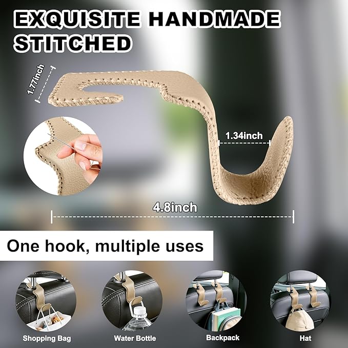 Car Seat Hooks for Purses and Bags, 2 Pack Car Purse Holder for Grocery Bag Handbag Clothes, Metal Headrest Hooks Covered by Leather, Beige