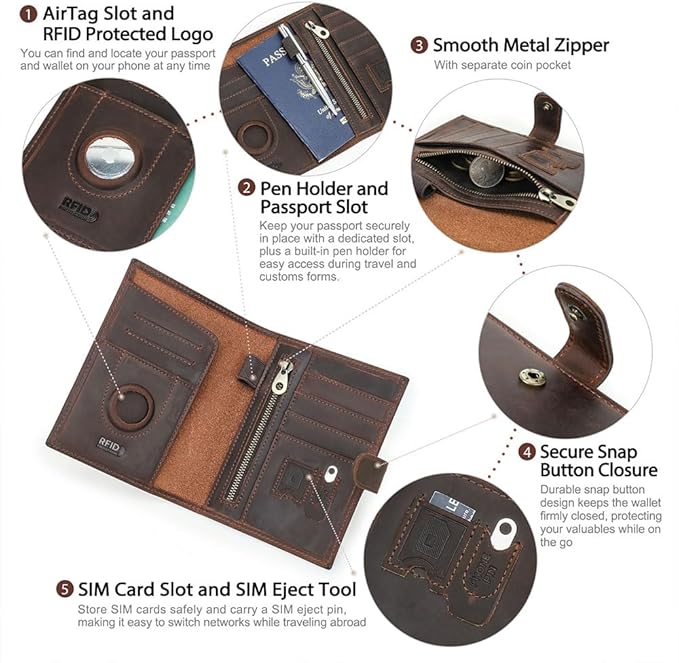 CONTACTS Full Grain Leather Passport Holder Compatible with Airtag Slot RFID Blocking Passport Wallet Travel Slim Passport Cover with SIM Card Removal Tool (Brown)