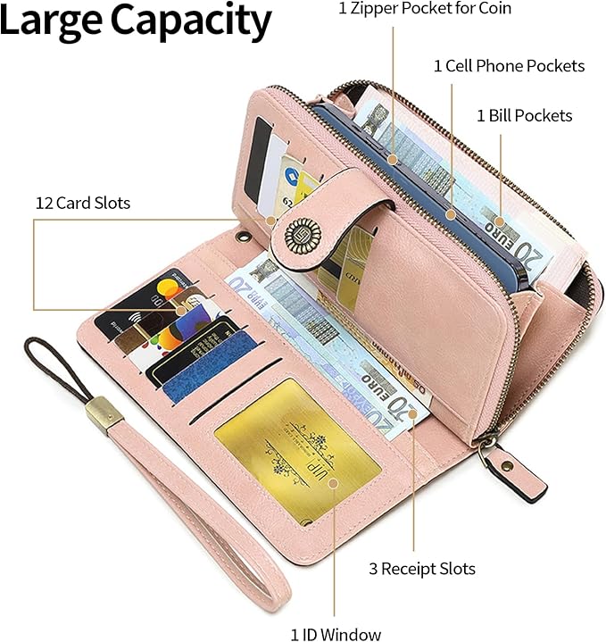 RNIEGA Womens Wallet Leather Billfold RFID Blocking Credit Card Holder Wristlet Wallets for Women Ladies Purses with Zipper Coin Pocket