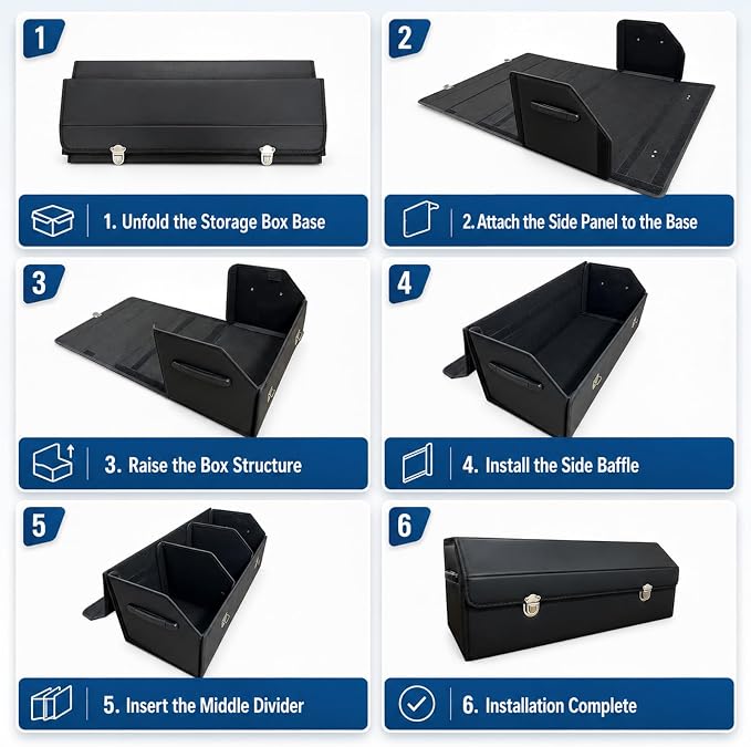 Car Trunk Organizer with Lid,Foldable Faux Leather Cargo Storage Box,3 Compartments,Collapsible Multi-Functional for SUV,Sedan,Vehicle Trunk, Black