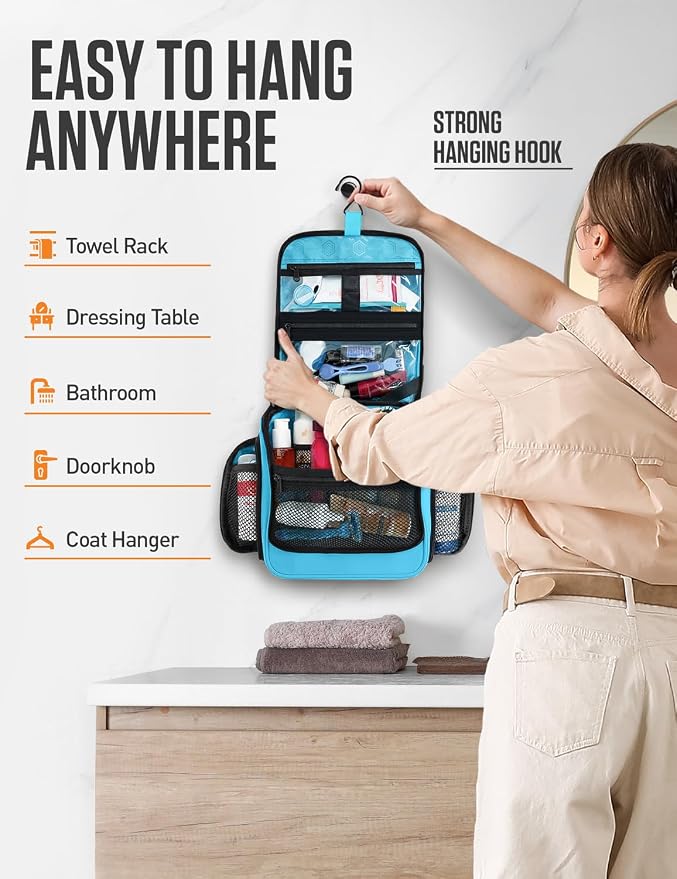 VENTURE 4TH Hanging Travel Toiletry Bag for Women & Men – Large Toiletry Organizer with 18 Compartments, Removable TSA Pouch, Travel Wash Bag for Toiletries, Makeup & Shaving Kit (Light Blue)
