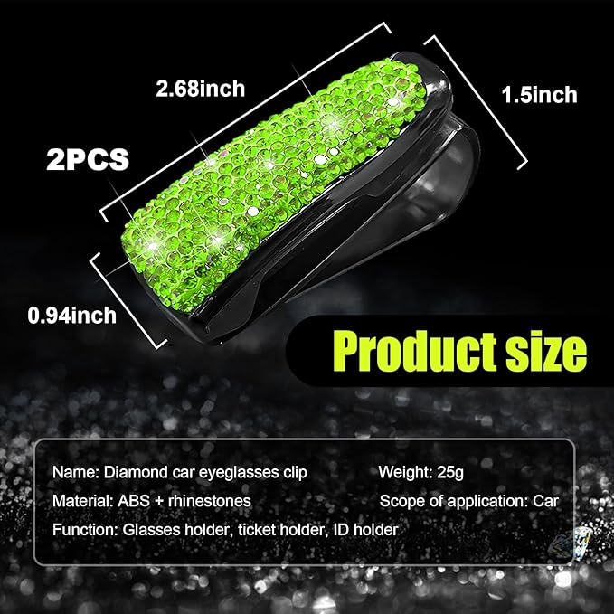 Dickno 2 PCS Bling Sunglasses Holder for Car Sun Visor, Crystal Rhinestones Eyeglasses Hanger Mount with Ticket Card Clip, Universal Vehicle Visor Decor Accessories for Women (Light Green)