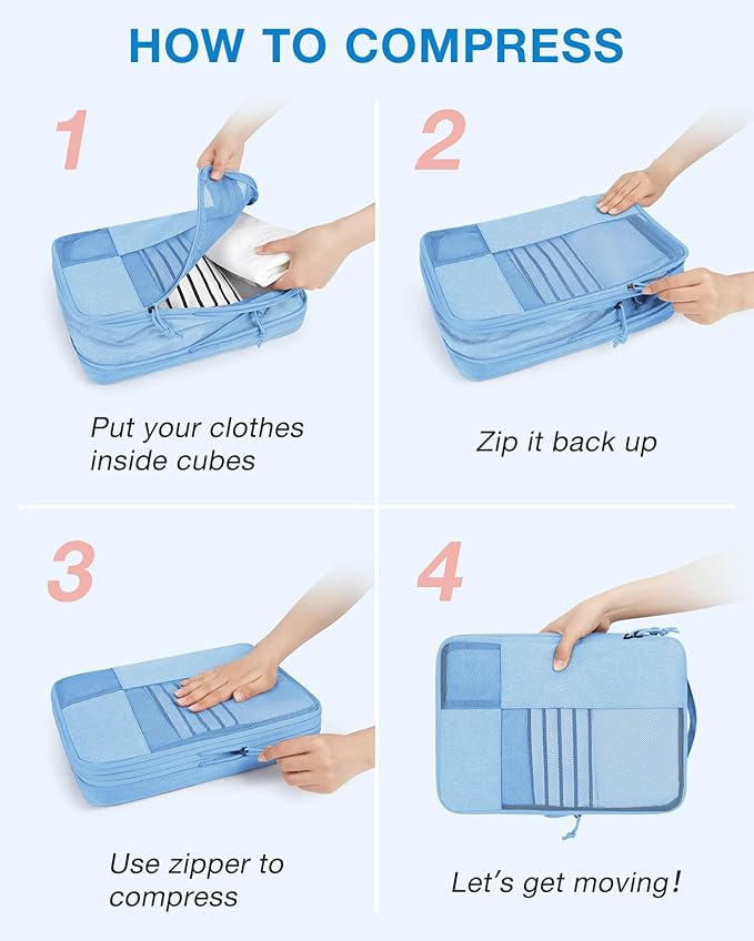 BAGSMART Compression Packing Cubes, Durable Travel Packing Cubes for Carry-On Suitcase, Lightweight Compressible Luggage Organizer Cruise Ship Travel Essentials, 6-Pack 1L+3M+1S+Shoe Bag, Sky Blue