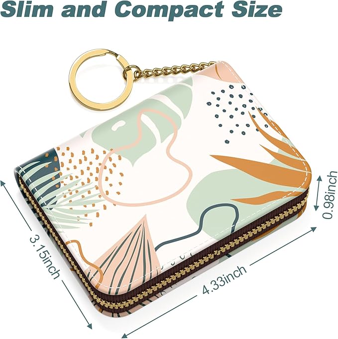 Nipichsha Credit Card Holder, Small RFID Card Wallet for Women, Slim Leather Card Holder Wallet, Credit Card Wallet Organizer, Pocket Business Card Case with Zipper & Keychain, Boho Leaves