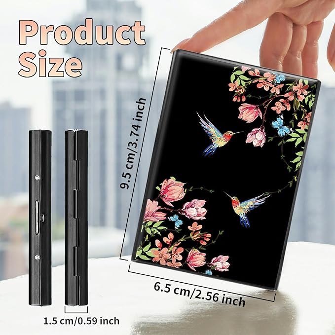 Slim Credit Card Holder, Hummingbird Floral Sakura RFID Blocking Metal Wallet for Men & Women, Aluminum Minimalist Hard Case Pocket-Sized Business Cards Organizer (Fits Up to 10 Cards)