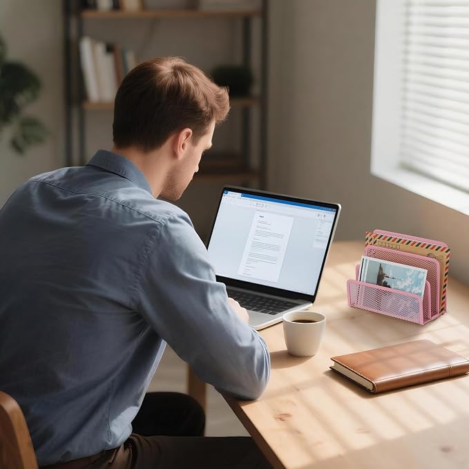 EASEPRES Desk Mail Organizer, Office Small Desktop Metal Mesh Envelope Letter Sorter Paper File Holder Organizer with 3 Vertical Upright Compartments, Pink 1 Pack