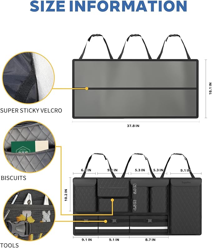 Backseat Hanging Organizer with Large Storage Bags | PU Leather, Large Capacity | Adjustable Straps, Waterproof & Collapsible | Universal Fit for SUVs, Sedans & Trucks | Black, 37.8" x 18.1" - P810