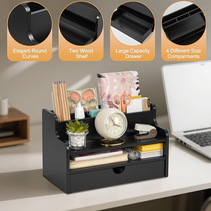 Mail Organizer Countertop, 4 Slots Desk Organizer with Drawer and Shelf, Wooden Mail Sorter for Desk, Desktop File Holders for Storage Pens, Envelopes and Bills