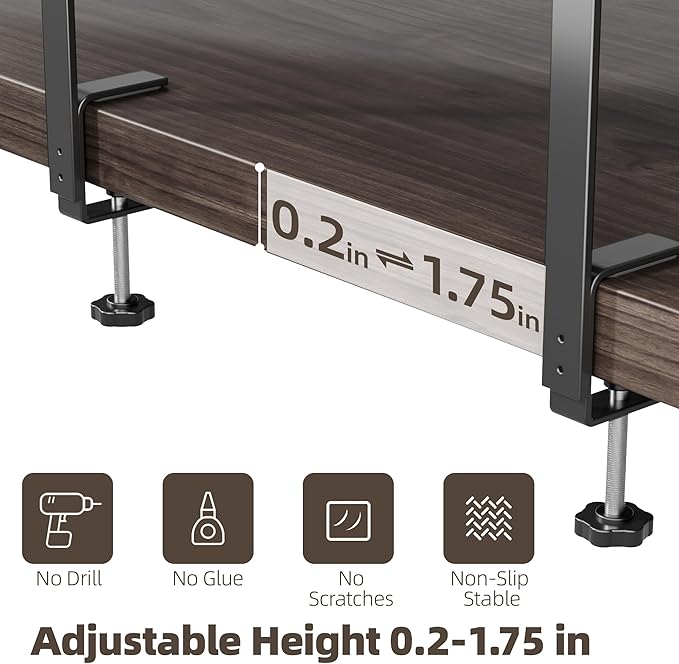 Delamu 2-Tier Clamp On Desk Shelf, 14.2in Desktop Shelves Organizer, Small Desk Organizer with Cord Hider, Table Extender Attachment Shelves for Workspace & Gaming Accessories, Black