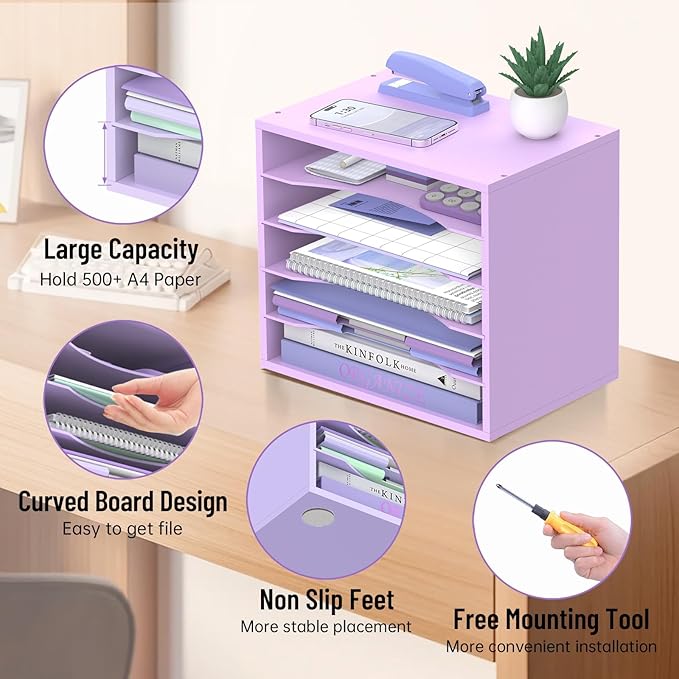 5-Tier Wood Desk Organizer, Paper Tray Organizer for Desk with Adjustable Storage Shelves, Desktop File Organization Paper Sorter Mail Holder for Office Home Classroom, Purple