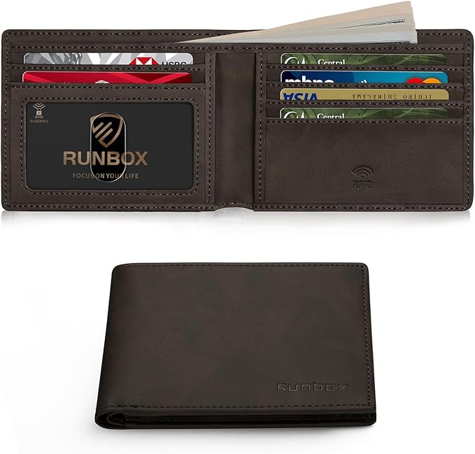 RUNBOX Wallet for Men Slim Leather Bifold RFID Blocking Minimalist Front Pocket Design with Gift Box